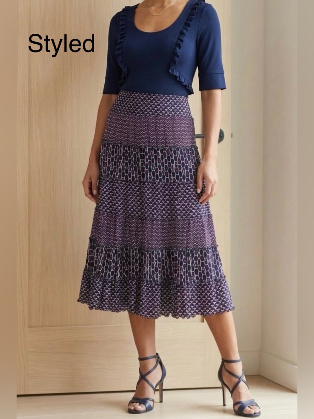 JM Collection Navy, White and Pink Tiered Patterned Maxi Skirt with Liner Size M